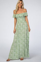 Green Floral Ruffle Off Shoulder Maternity Maxi Dress