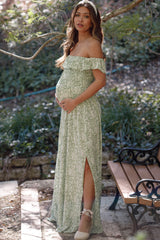 Green Floral Ruffle Off Shoulder Maternity Maxi Dress