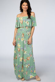 Sage Floral Off Shoulder Maxi Dress