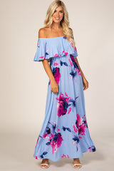 Light Blue Floral Off Shoulder Maternity Maxi Dress