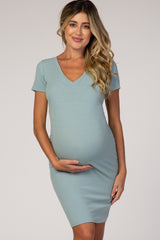 Dusty Mint Ribbed Maternity Dress