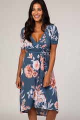 Blue Floral Draped Hi-Low Dress