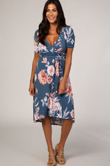 Blue Floral Draped Hi-Low Maternity Dress