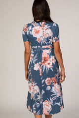 Blue Floral Draped Hi-Low Dress