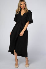 Black Open Sleeve Wrap Midi Dress