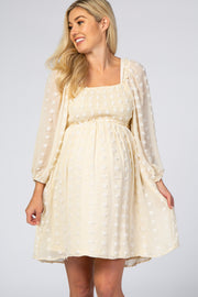 Beige Textured Dot Smocked Square Neck Chiffon Maternity Dress