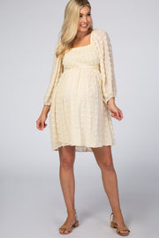 Beige Textured Dot Smocked Square Neck Chiffon Maternity Dress