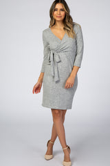 Heather Grey Brushed Knit Wrap Fitted Nursing Dress