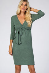 Green Brushed Knit Wrap Fitted Nursing Dress