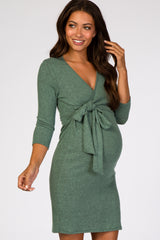 Green Brushed Knit Wrap Fitted Maternity/Nursing Dress