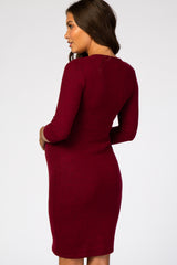 Burgundy Brushed Knit Wrap Fitted Maternity/Nursing Dress