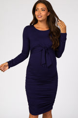 Navy Blue Ruched Fitted Front Bow Maternity/Nursing Dress