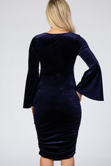 Navy Blue Velvet Ruched Bell Sleeve Maternity Dress