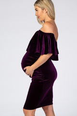 Purple Velvet Off Shoulder Fitted Maternity Dress