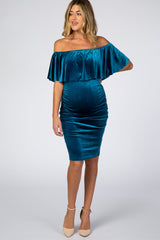 Teal Velvet Off Shoulder Fitted Maternity Dress