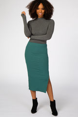 Emerald Green Ribbed Side Slit Maternity Midi Skirt