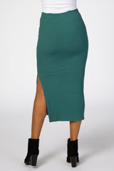 Emerald Green Ribbed Side Slit Midi Skirt