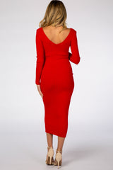 Red V-Neck Long Sleeve Fitted Maternity Maxi Dress