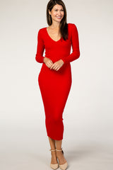 Red V-Neck Long Sleeve Fitted Maternity Maxi Dress