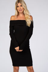 Black Soft Ribbed Folded Neck Off Shoulder Maternity Dress