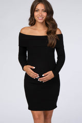 Black Soft Ribbed Folded Neck Off Shoulder Maternity Dress