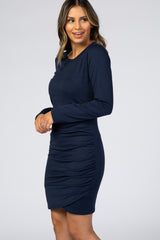 Navy Blue Long Sleeve Wrap Hem Fitted Dress