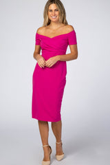 Magenta Solid Off Shoulder Maternity Fitted Dress