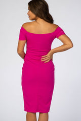 Magenta Solid Off Shoulder Maternity Fitted Dress