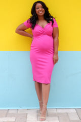 Magenta Solid Off Shoulder Maternity Fitted Dress