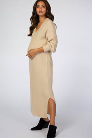 Beige V-Neck Ribbed Maternity Sweater Dress