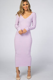 Lavender V-Neck Long Sleeve Fitted Maxi Dress