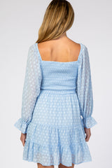 Light Blue Smocked Polka Dot Long Sleeve Maternity Dress