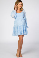 Light Blue Smocked Polka Dot Long Sleeve Maternity Dress