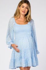 Light Blue Smocked Polka Dot Long Sleeve Maternity Dress