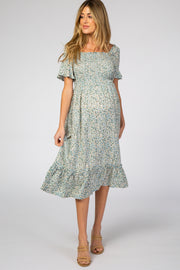 Light Blue Floral Ruffle Maternity Midi Dress