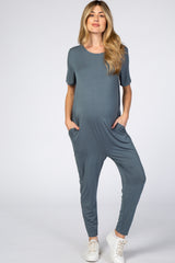 Dark Teal Basic Short Sleeve Maternity Jumpsuit