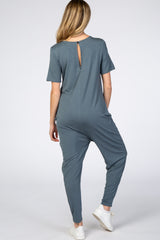 Dark Teal Basic Short Sleeve Maternity Jumpsuit