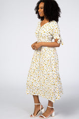 Ivory Floral Tie Sleeve Midi Dress