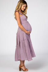 Lavender Smocked Ruffle Accent Maternity Dress