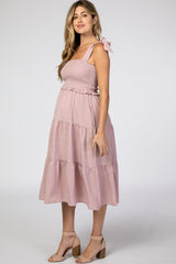 Mauve Bow Strap Tiered Maternity Midi Dress