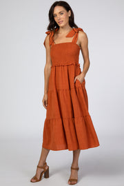 Rust Bow Strap Tiered Midi Dress