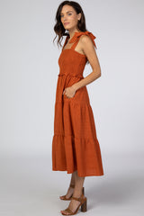 Rust Bow Strap Tiered Midi Dress