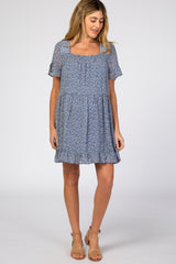 Blue Printed Chiffon Square Neck Ruffle Trim Maternity Dress