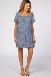 Blue Printed Chiffon Square Neck Ruffle Trim Maternity Dress