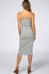 Heather Grey Striped Button Front Fitted Dress