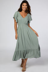 Light Olive Smocked V-Neck Midi Dress