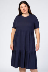 Navy Blue Ribbed Tiered Plus Dress