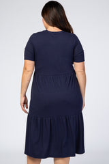 Navy Blue Ribbed Tiered Plus Dress