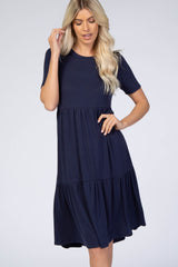 Navy Blue Ribbed Tiered Dress