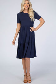 Navy Blue Ribbed Tiered Dress